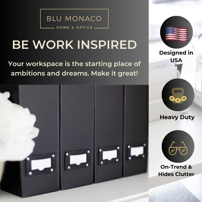 BLU MONACO Foldable Black Magazine File Holder â€“ Set of 6 | Cardboard Desk File Organizer Boxes with Leather Label Holders | Vertical Magazine Storage for Office, Classroom & Home - Image 2